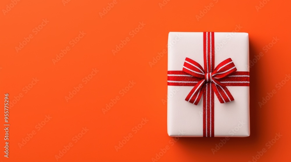 Elegant white gift box wrapped in red ribbons on a vibrant orange background, perfect for celebrations and special occasions. Elegant white gift box wrapped in red ribbons on a vibrant orange background, perfect for celebrations and special occasions.