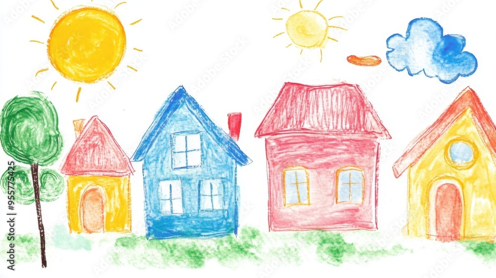 Colorful Child's Drawing of Houses Colorful Child's Drawing of Houses