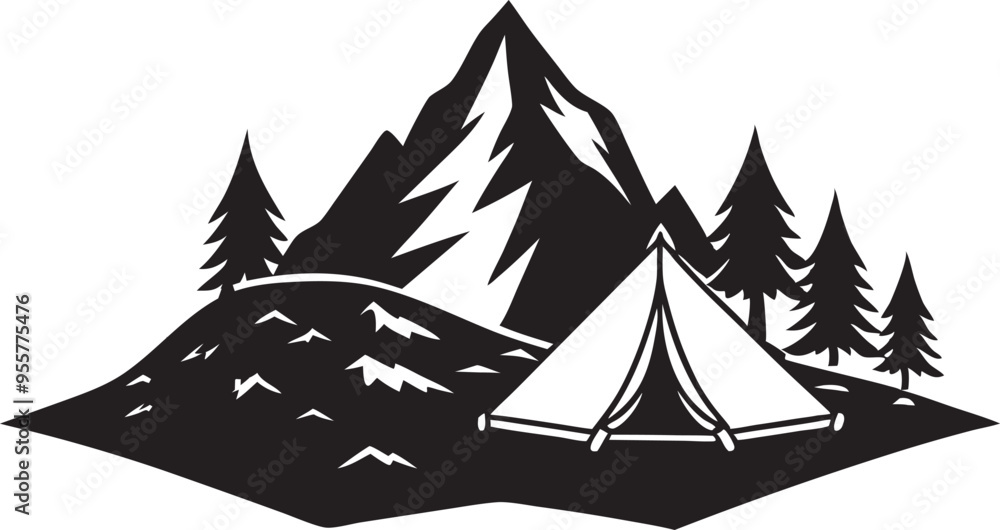 Obraz premium Silhouette mountain range hill camping and fir trees vector illustration on white background