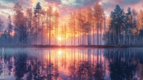 A Misty Sunrise Reflecting on a Serene Lake in a Forest