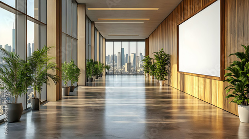 Modern office space with large windows and greenery.