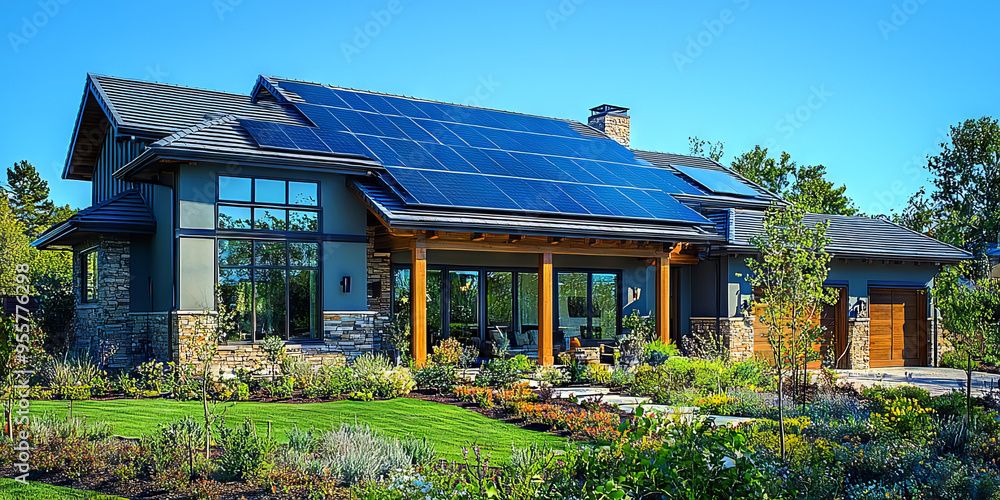 Modern home with solar panels on the roof, surrounded by lush landscaping. Modern home with solar panels on the roof, surrounded by lush landscaping.
