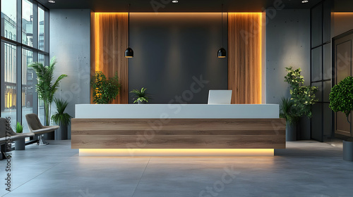 Modern reception area with sleek design and greenery.