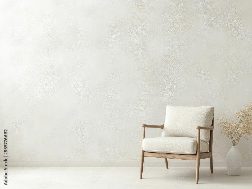 A minimalist living space featuring a cozy armchair and a vase with dried flowers A minimalist living space featuring a cozy armchair and a vase with dried flowers