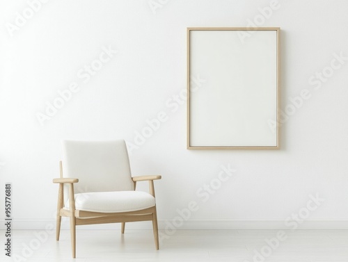 A minimalist room with a beige armchair and an empty wooden frame on a white wall