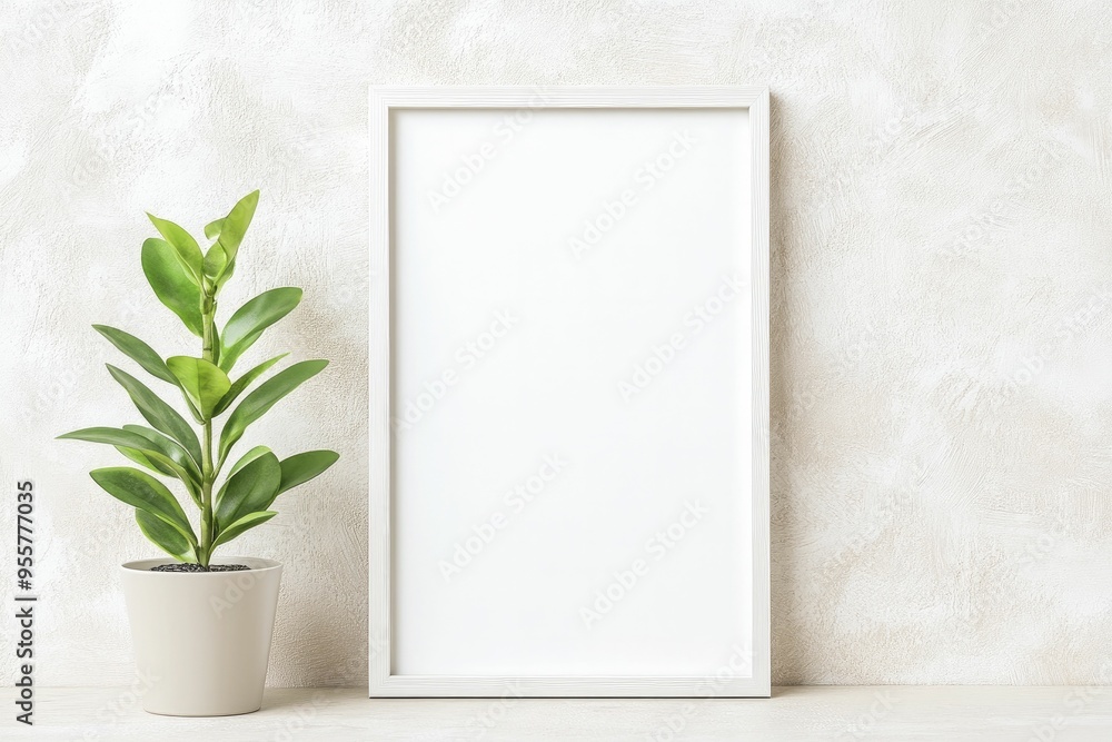 A minimalist setting featuring a blank picture frame next to a potted plant on a textured wall A minimalist setting featuring a blank picture frame next to a potted plant on a textured wall