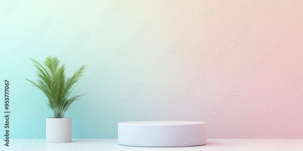 A minimalist scene with a potted plant next to a white circular pedestal against a pastel gradient backdrop A minimalist scene with a potted plant next to a white circular pedestal against a pastel gradient backdrop
