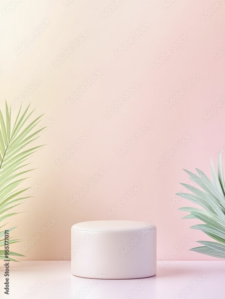 A minimalist setup with a round white stool against a pastel background and two tropical leaves A minimalist setup with a round white stool against a pastel background and two tropical leaves