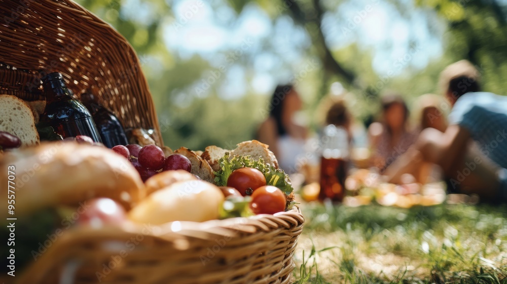 Close-up of a picnic basket filled with food, with friends in the background enjoying in holiday. Close-up of a picnic basket filled with food, with friends in the background enjoying in holiday.