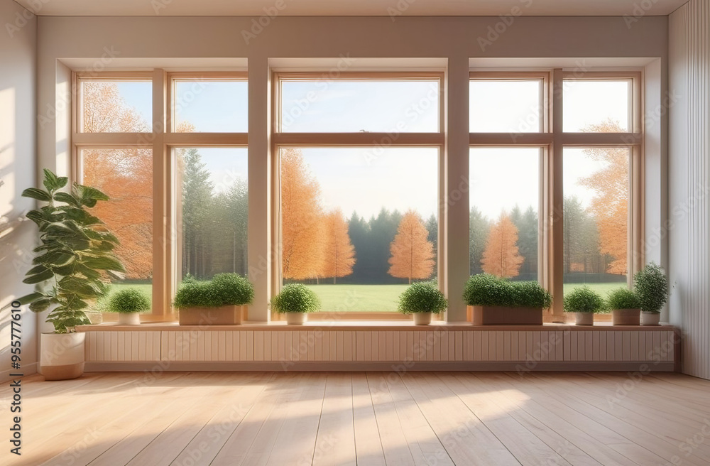 Fototapeta premium abstract empty hall, light timber floor, big windows, natural views, fresh plants, no people