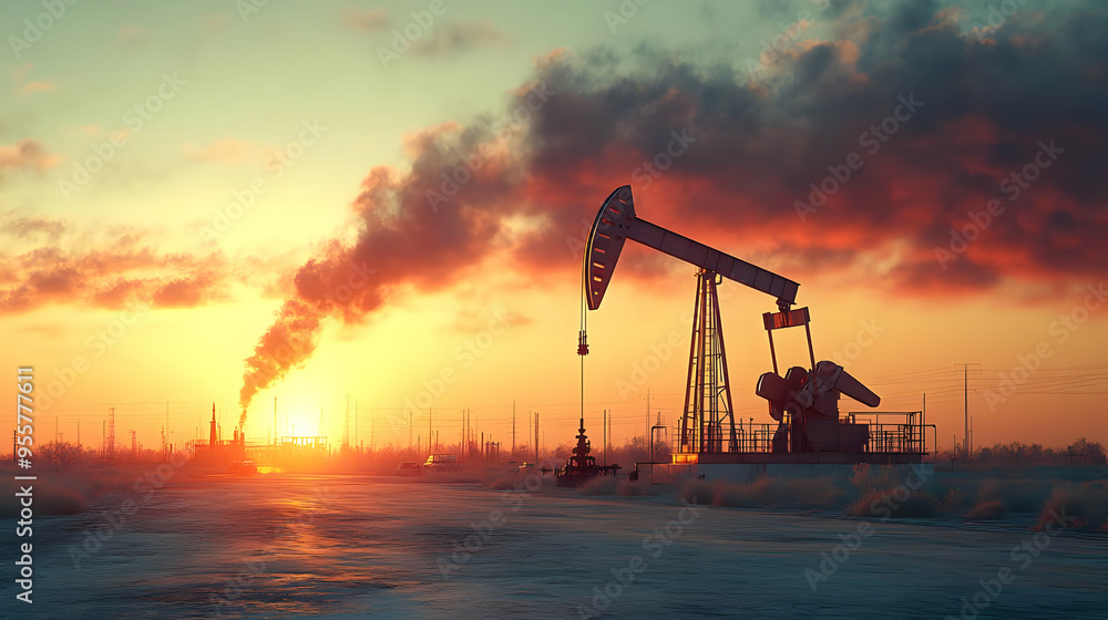 Oil pump jack at sunset with industrial landscape and smoke. Oil pump jack at sunset with industrial landscape and smoke.