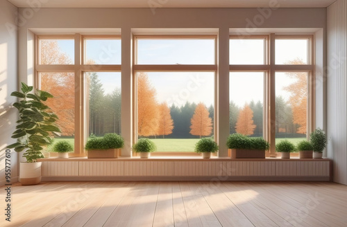 abstract empty hall, light timber floor, big windows, natural views, fresh plants, no people