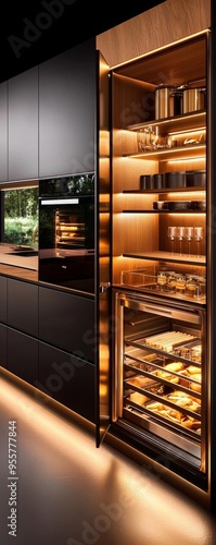 A sleek kitchen with wooden cabinetry and integrated shelving, providing ample storage and a modern look photo