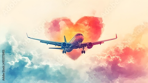 A colorful airplane flying gently through a fluffy heart-shaped cloud, with the sky painted in light pastel watercolor shades