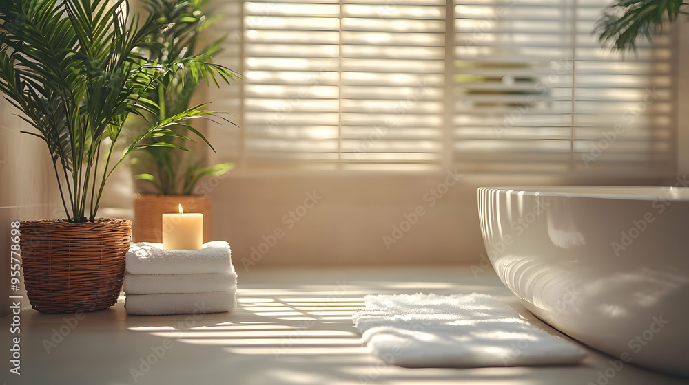 Serene bathroom scene with plants, candles, and towels. Serene bathroom scene with plants, candles, and towels.