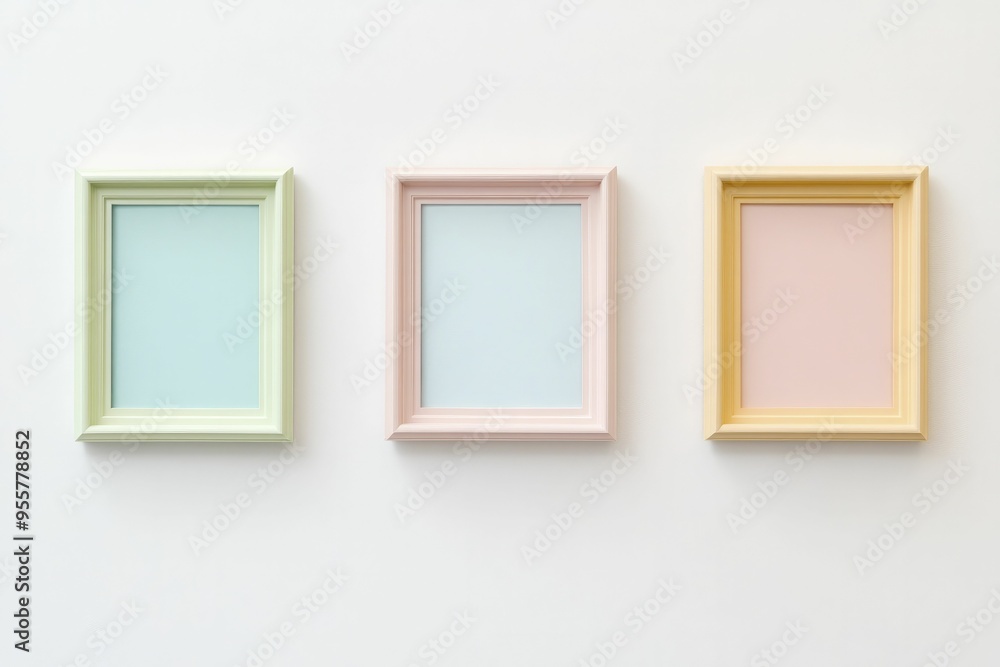 Three pastel colored frames with empty spaces are arranged in a row on a plain white wall Three pastel colored frames with empty spaces are arranged in a row on a plain white wall