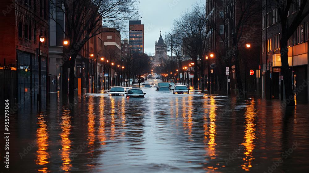 Fototapeta premium City streets flooded and underwater scenes of devastation