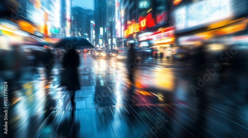 Wallpaper Mural A solitary figure with an umbrella walks through a busy and rainy urban street filled with vibrant neon lights at night Torontodigital.ca