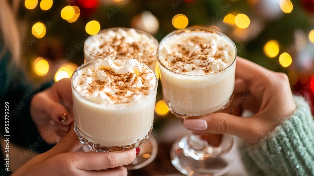 Close-up of friends toasting with eggnog at a holiday party, with holiday lights twinkling in the background. Close-up of friends toasting with eggnog at a holiday party, with holiday lights twinkling in the background.