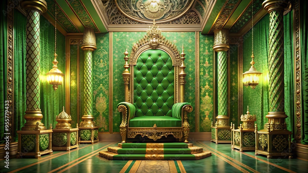 Obraz premium majestic throne Room, green royal throne,king throne illustration.4k resolution.