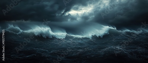 Dramatic Dark Ocean With Turbulent Waves and Ominous Clouds Under a Moody Sky at Dusk