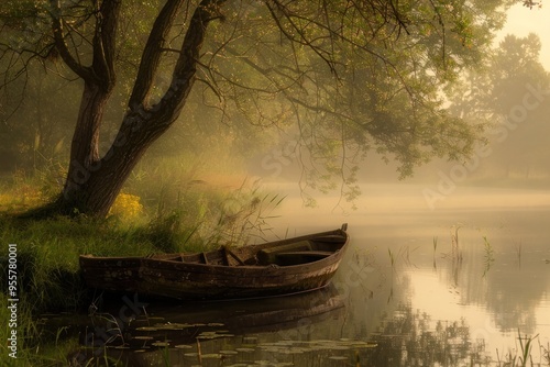 Misty morning scene with a wooden boat under a tree by a calm river. Concept of tranquility, nature, and serenity.