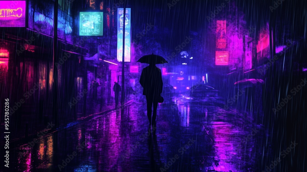 A solitary figure walks under an umbrella along a neon-lit street during a rainy night in a bustling city A solitary figure walks under an umbrella along a neon-lit street during a rainy night in a bustling city