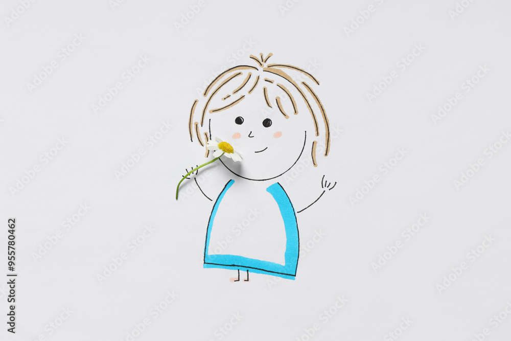 Drawn little girl with chamomile flower on light background Drawn little girl with chamomile flower on light background