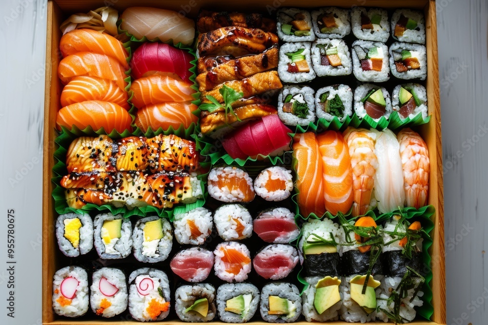 Colorful sushi platter featuring various rolls and sashimi arranged neatly in a wooden box Colorful sushi platter featuring various rolls and sashimi arranged neatly in a wooden box