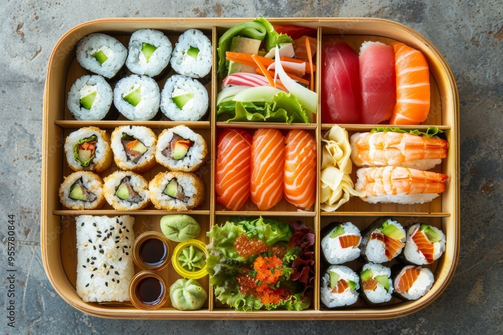 Fresh sushi assortment served in a wooden bento box with various rolls, sashimi, and condiments on a textured surface Fresh sushi assortment served in a wooden bento box with various rolls, sashimi, and condiments on a textured surface