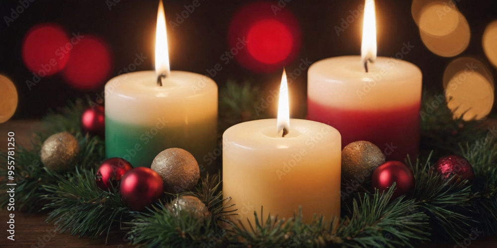 Three Burning Candles in a Christmas Wreath Three Burning Candles in a Christmas Wreath