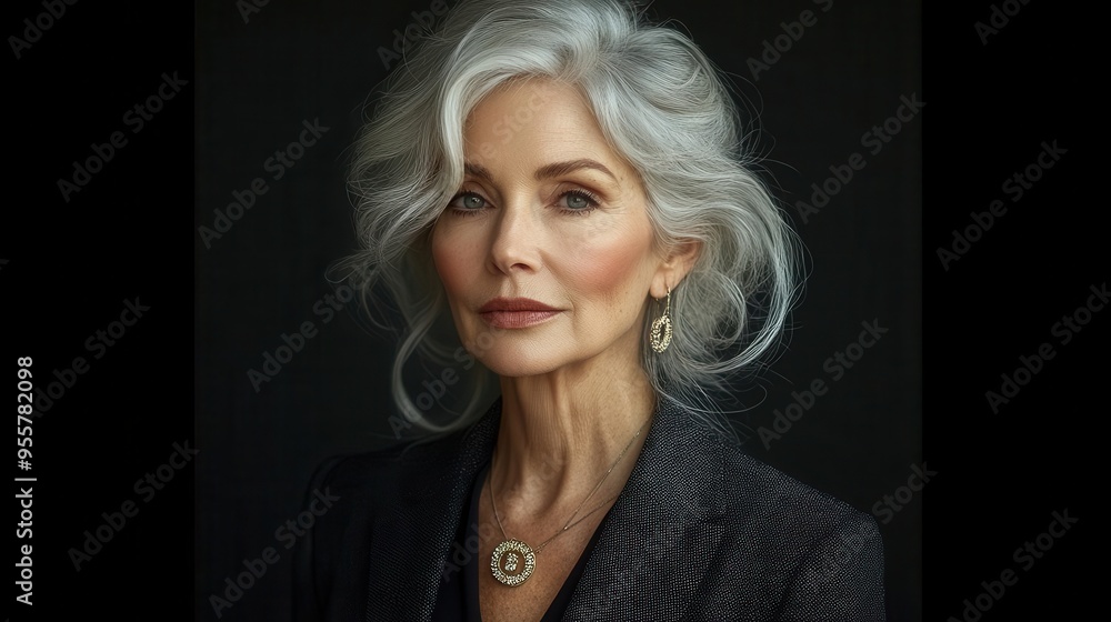 elegant older woman silver hair in chic updo statement jewelry tailored blazer neutral makeup sophisticated studio lighting elegant older woman silver hair in chic updo statement jewelry tailored blazer neutral makeup sophisticated studio lighting