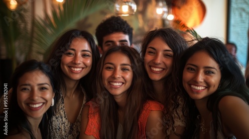 Portrait of group friends at a reunion party, posing for a group photo with big smiles and happy expressions.