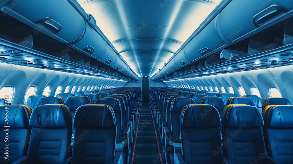 Fototapeta premium Modern airplane interior with rows of seating and bins