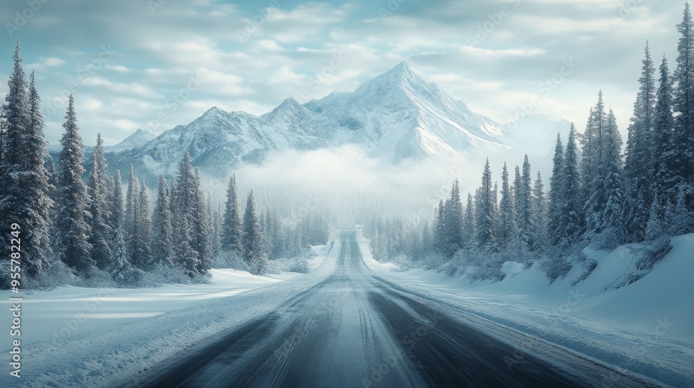 Snowy Road Through Mountains with Fog Snowy Road Through Mountains with Fog