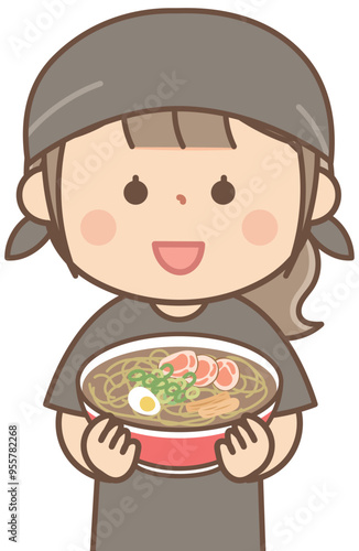 ラーメンを持つアルバイトの女性