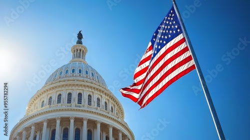 American flag waving beside the U.S. Capitol building on a clear day.