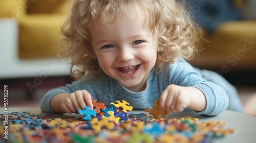 Joyful Child Playing with Puzzle Pieces