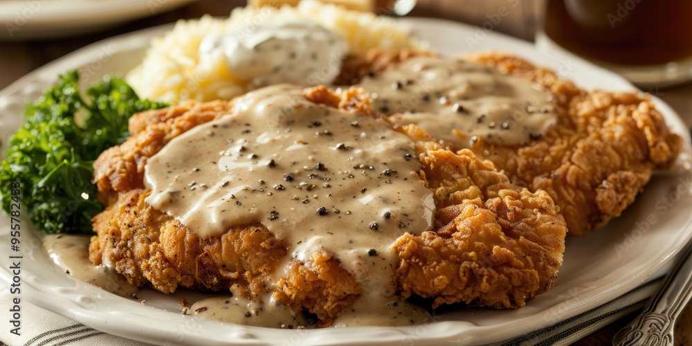 Beefsteak coated in seasoned flour known as chicken fried steak or country fried steak CFS served with black pepper sauce Beefsteak coated in seasoned flour known as chicken fried steak or country fried steak CFS served with black pepper sauce