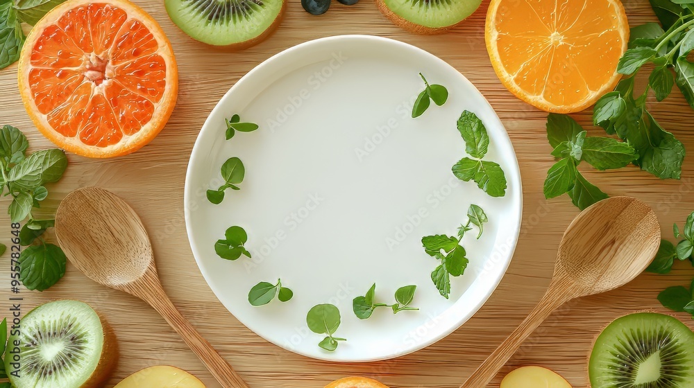 Colorful fruits surround an empty plate on a wooden table, inviting culinary creativity. Colorful fruits surround an empty plate on a wooden table, inviting culinary creativity.
