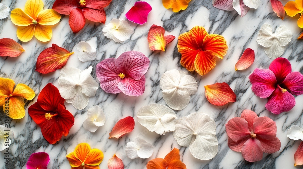 Colorful Flower Petals and Blooms on Marble Surface Colorful Flower Petals and Blooms on Marble Surface