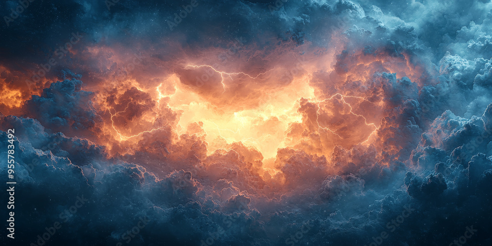 A dramatic sky with a bright golden lightning bolt bursting through dark clouds. A dramatic sky with a bright golden lightning bolt bursting through dark clouds.