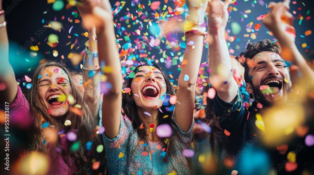 Obraz premium Vibrant celebration with friends, confetti flying and everyone cheering in excitement.