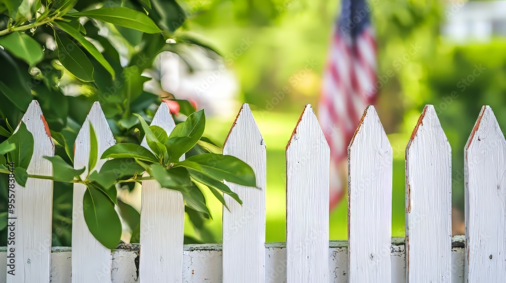 Fototapeta premium White picket fence adorned with lush greenery and a hint of an American flag in the background.