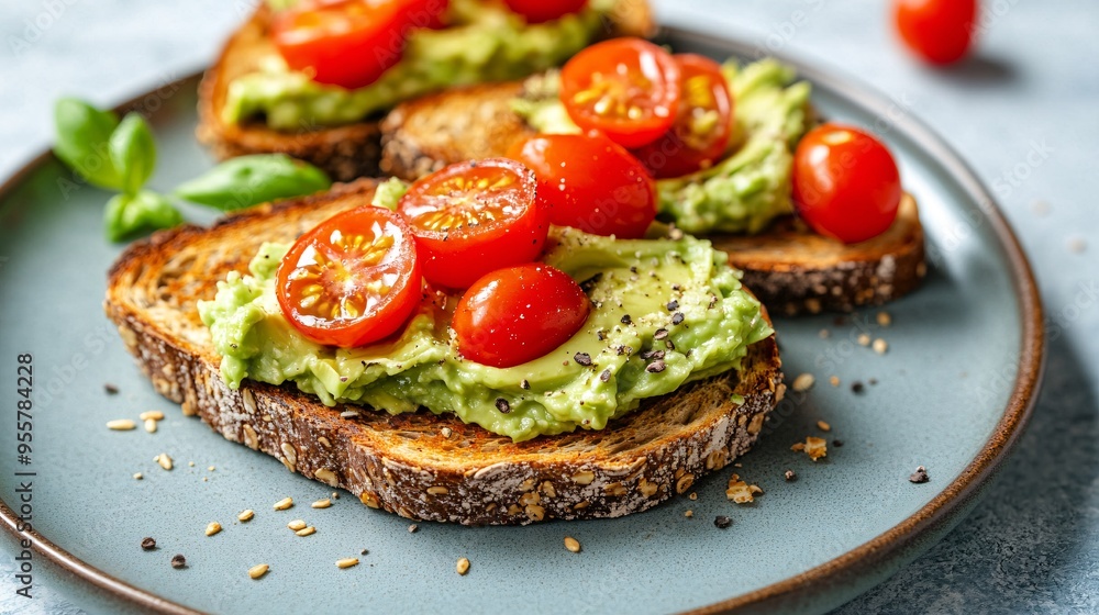 Whole grain toast with smashed avocado and cherry tomatoes, a simple and healthy breakfast Whole grain toast with smashed avocado and cherry tomatoes, a simple and healthy breakfast