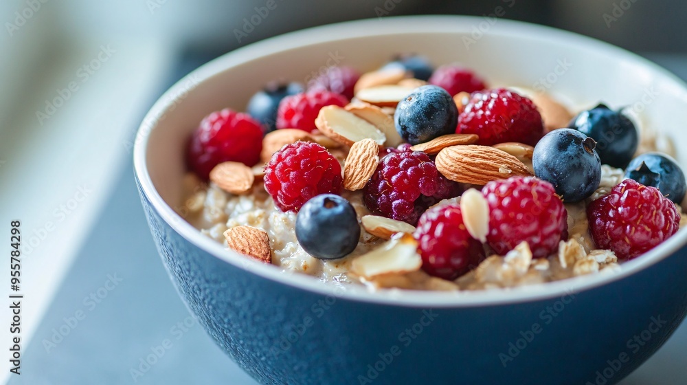 Oatmeal topped with almonds, berries, and honey, a comforting and brain-boosting breakfast Oatmeal topped with almonds, berries, and honey, a comforting and brain-boosting breakfast