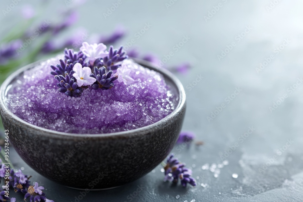 Close up of a decorative bowl filled with lavender-scented sugar scrub on a table, showcasing floral accents and providing ample copy space for text Close up of a decorative bowl filled with lavender-scented sugar scrub on a table, showcasing floral accents and providing ample copy space for text