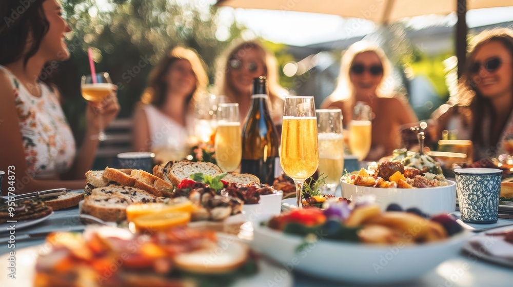 Close-up of food and drinks on table with friends gathered around enjoying at backyard party. Close-up of food and drinks on table with friends gathered around enjoying at backyard party.