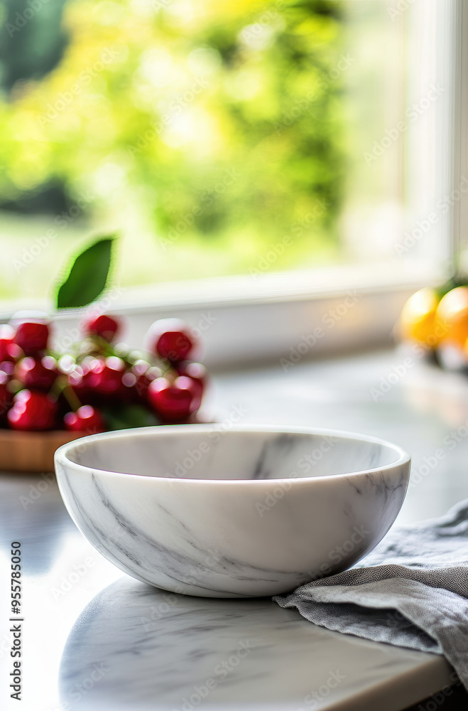 Empty Marble Bowl on a Kitchen Counter with a Blurred Background Empty Marble Bowl on a Kitchen Counter with a Blurred Background