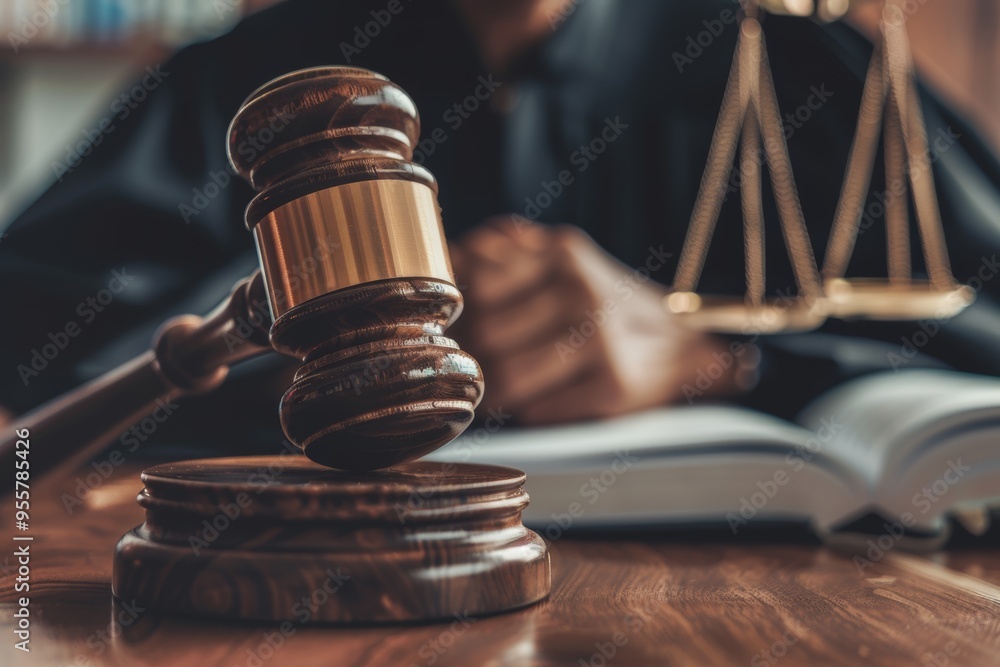 Close-up view of a wooden gavel and a judge reviewing legal texts in a courtroom Close-up view of a wooden gavel and a judge reviewing legal texts in a courtroom